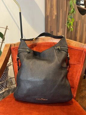 Salvatore Ferragamo Black Pebbled Leather Shoulder Bag with Gold Hardware